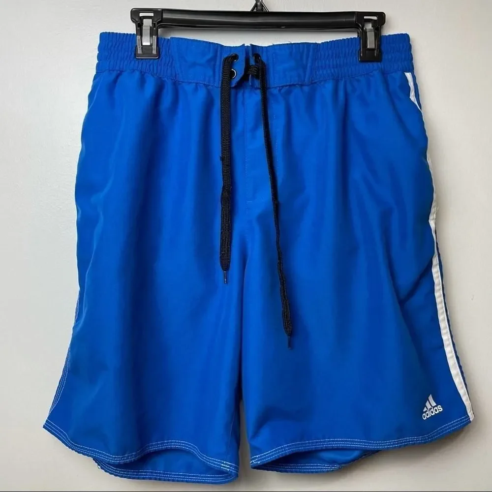 Adidas Solid Royal Blue White Track Stripes Swim Trunks w/ Pockets Drawstring L